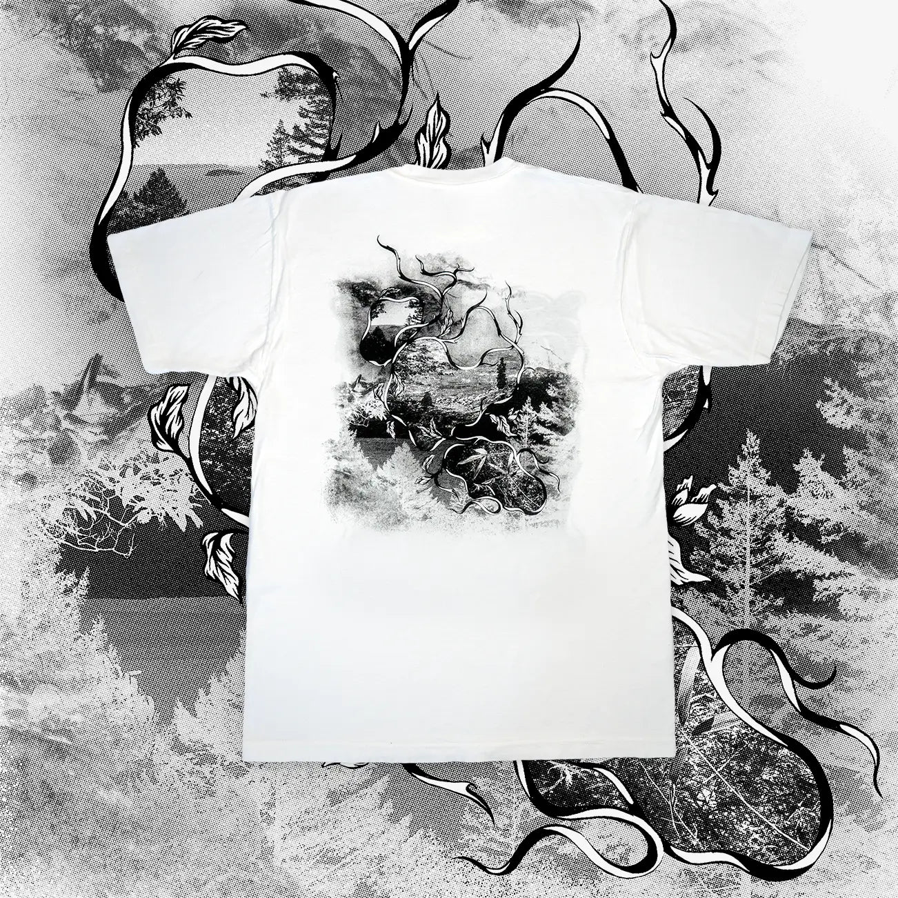 Portal Tee back print with art image in the background